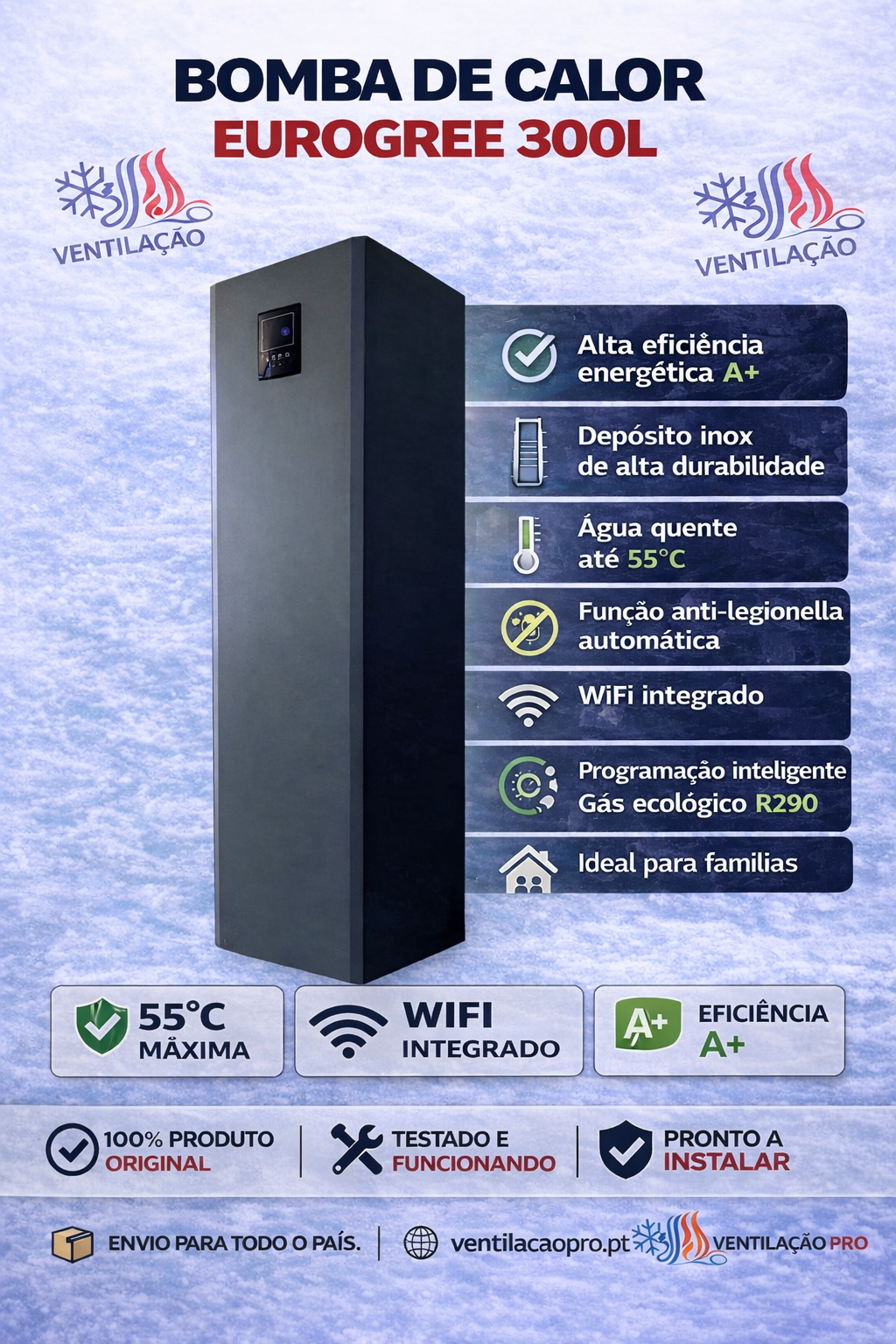 Bomba de calor AQS EuroGree 300 L — inox Duplex, sem serpentina, R290 Bomba de calor AQS EuroGree 300 L — inox Duplex, sem serpentina, R290