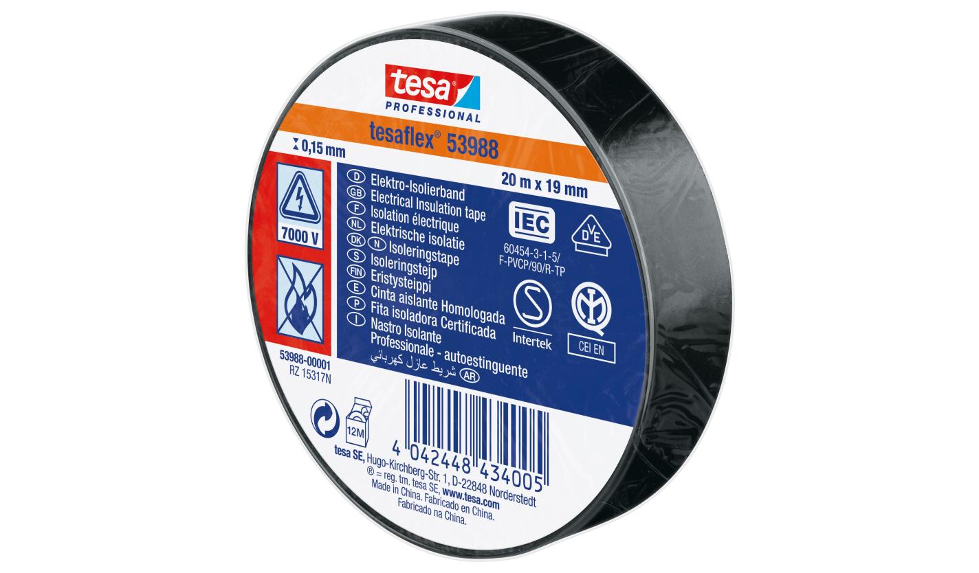 Fita isoladora Tesa tesaflex 53988 — 20 m × 19 mm, preta Fita isoladora Tesa tesaflex 53988 — 20 m × 19 mm, preta
